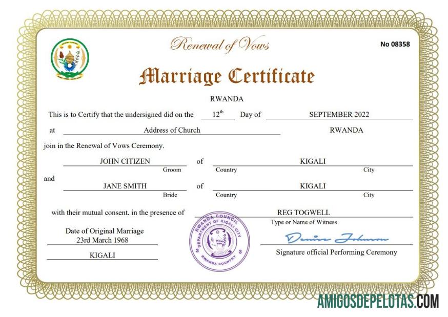 Imprimível modelo Word e PDF de certidão de casamento de Ruanda